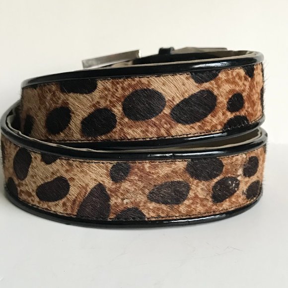 Vtg Calvin Klein Brown Black Leather Belt Womens Size M Cow Fur Spots Cowgirl - Picture 3 of 16